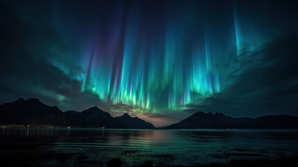 Vibrant green and blue Northern Lights dancing above serene lake and starry peaks