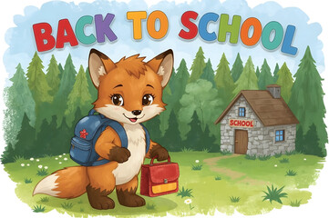 An illustration of a cartoon fox with a backpack and a lunch box, walking to school in the forest.