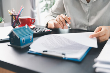 Real estate agent agree to buy home to clients agency office. House model, real estate agent,...