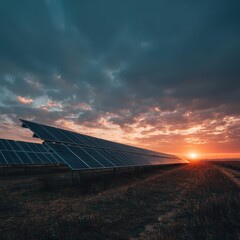 Solar panels at sunset, dramatic sky, earthy tones, rows of panels extending to a fiery horizon