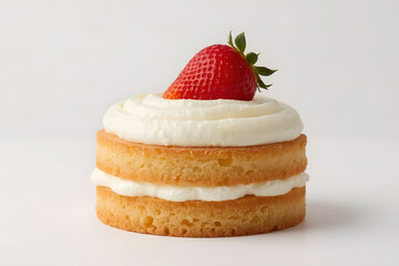 A simple sponge cake with white cream, decorated with a large strawberry. On a clean, light background.