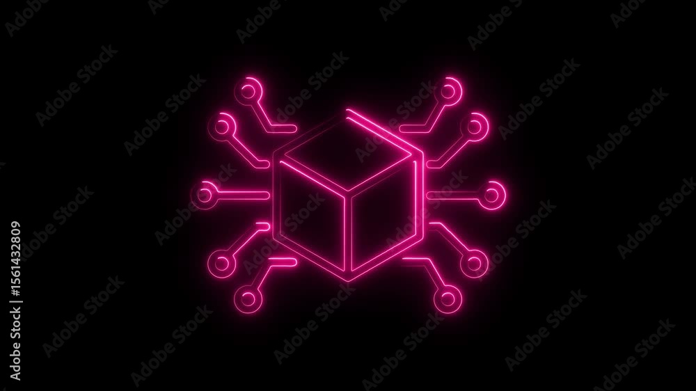 Poster neon blockchain technology concept glowing pink cube circuitry design on black background