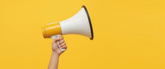 Hand holding a megaphone against a yellow backdrop, announcing a message or making an important announcement.