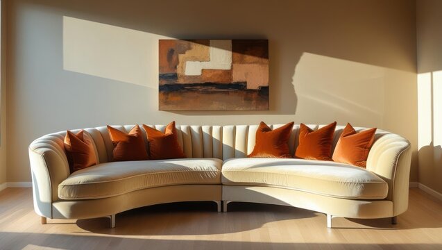 Cream sectional sofa with rust-colored accent pillows in a sunlit living room.