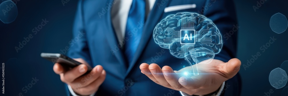 Poster a person presenting a digital representation of a brain with ai technology.