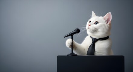 White Cat Speaking at Podium: Funny Business Presentation & Public Speaking Humor