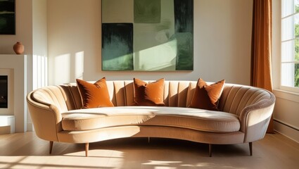 Beige curved sectional sofa with rust-colored throw pillows in a sun-drenched living room.