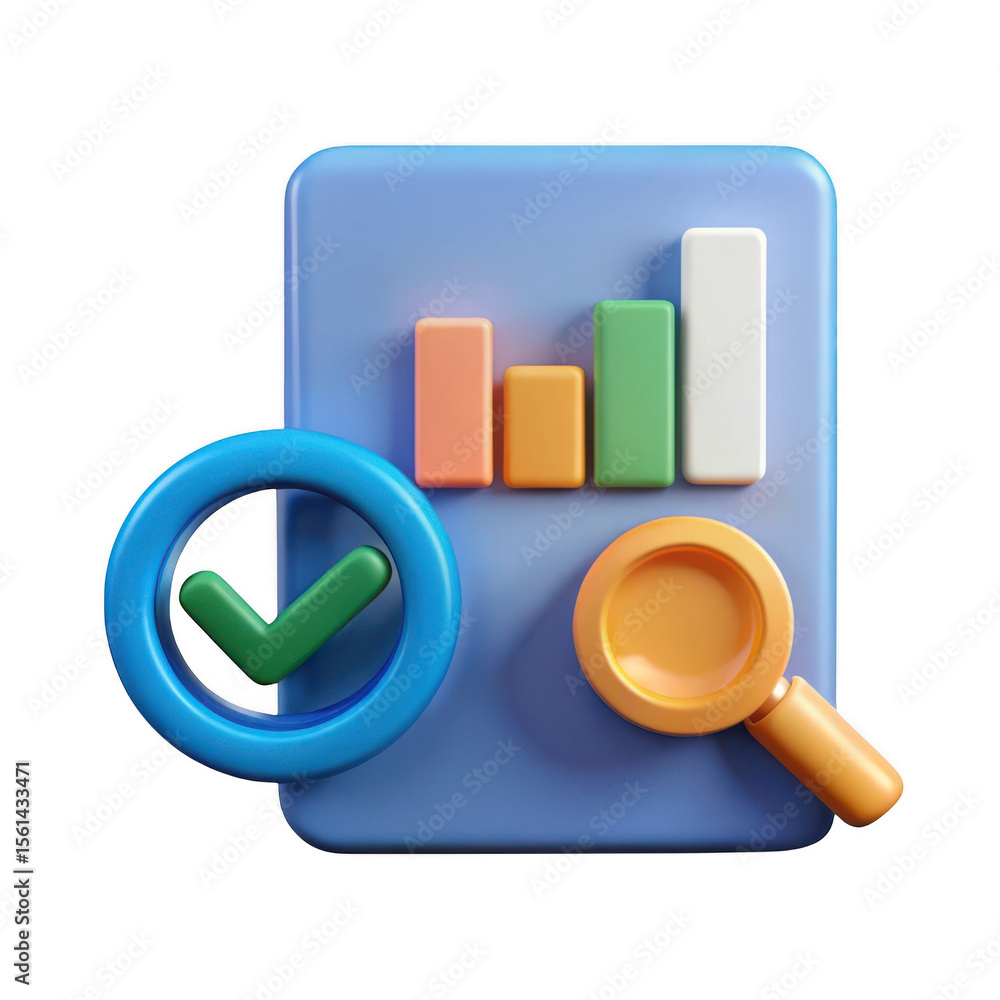Poster data analysis with checkmark and magnifying glass isolated on transparent background