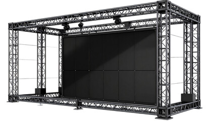 Fototapeta premium A large rectangular blank black LED screen with a transparent frame and dark grey metal truss structures, with even lighting on white bg in Png.