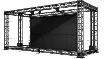A large rectangular blank black LED screen with a transparent frame and dark grey metal truss structures, with even lighting on white bg in Png.