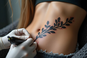 A tattoo artist wearing white gloves draws a tattoo of a black branch with leaves on a toned woman's abdomen