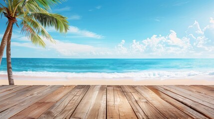 Fototapeta premium Custom Wooden Podium on Tropical Beach with Palm Trees and Calm Ocean for Exclusive Events