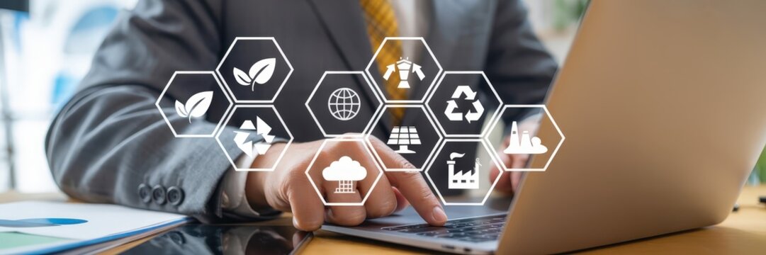 Businessperson interacting with a sustainable technology interface on a laptop. - Powered by Adobe