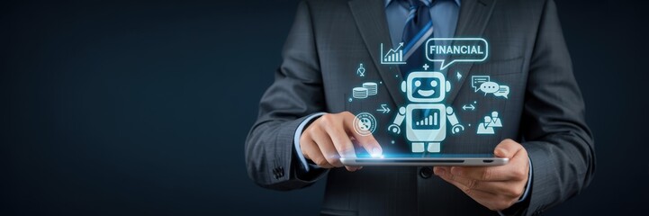 Businessperson holding a tablet displaying a financial robot.