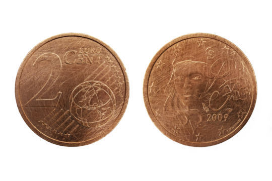 France 2 Euro Cent 2008 coin, made of Copper-plated steel, young Marianne, symbol of liberty, Africa and Asia, 12 stars of the European Union