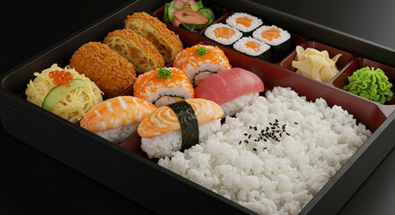 Delicious Japanese sushi with fresh fish and rice, served with chopsticks on a plate, a healthy and gourmet meal