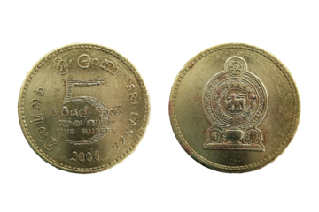 Sri lanka 5 Rupee 2006 coin, made of Brass plated steel, Sri Lankan national emblem within a circle of dashes