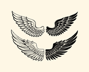 silhouette art of angel wing set for t-shirt elements, editable wings vector, wings angle, black and white, hawk wings, eagle wings, bird, feather, isolated background, wing set for t-shirt elements