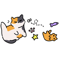 Adorable calico cat with toys vector cartoon illustration 