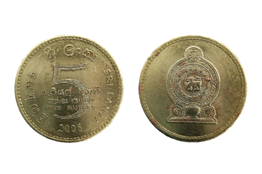 Sri lanka 5 Rupee 2006 coin, made of Brass plated steel, Sri Lankan national emblem within a circle of dashes