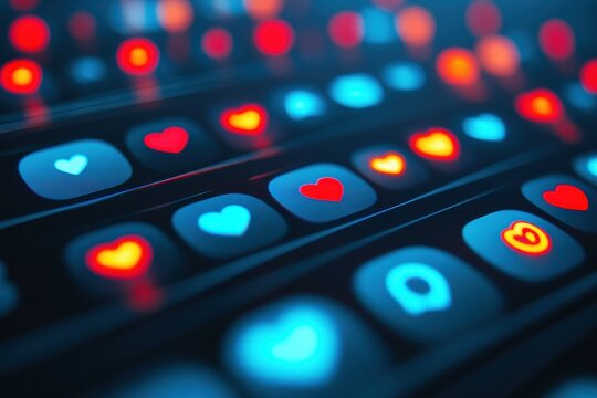 Close-up of glowing heart-shaped icons on a digital interface.