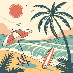 Tropical Beach Scene: Sunset, Palm Trees, Surfboards