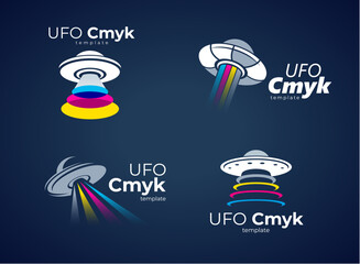 Set Logo CMYK print. UFO theme. Template design vector. Black background