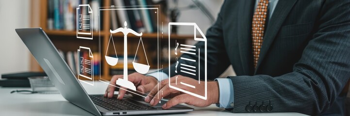 A person working on a laptop with digital legal documents displayed.