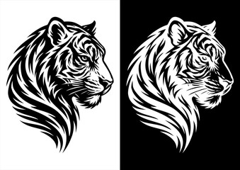Tiger Head Black White Vector Line Art