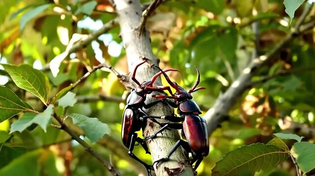 The Chilean stag beetle male (Chiasognathus grantii) using weapon to grasp and lift a rival in the canopy of a beech tree, the Valdivian forest, Chile.
