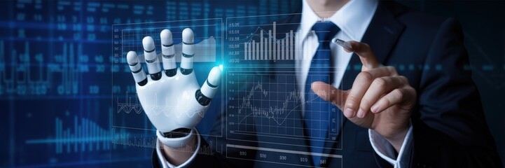 Robotic hand interacting with digital financial data.