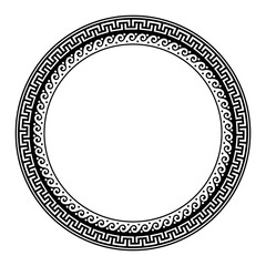 Greek key meanders. Monochrome classic Greek wave meander. Round greek frame. Circle european border. Patterns of Greece, ancient Rome. In the form of wave. Vitruvian wave. For textile, engraving