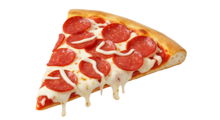 A single slice of pepperoni pizza with dripping cheese on a black background close up studio shot