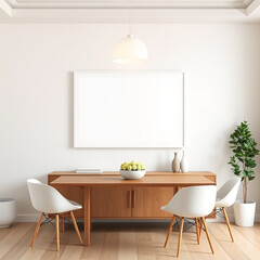 blank canvas mockup in stylish dining room interior a2 landscape framed wall art design above elegant buffet soft textured plaster walls in pastel colors mid century modern aesthetic 3d rendering