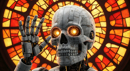 Robotic Skull in Stained Glass Window Futuristic Art