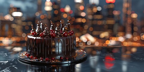 A chocolate cake with cherries and dripping icing stands before a bokehfilled city backdrop