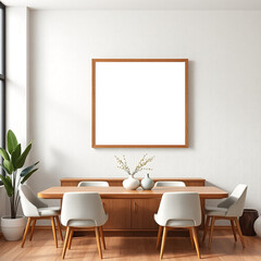 empty frame mockup in a dining room modern wall art display with mid-century aesthetics textured plaster walls in soothing pastel colors stylish interior design showcasing decorative elements 3d rende