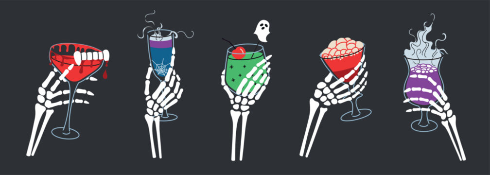 Flat cartoon vector illustration of skeleton hands holding spooky cocktails for Halloween party. Smoke, creepy garnishes, potion drinks set, martini and punch. Dark background, seasonal celebration