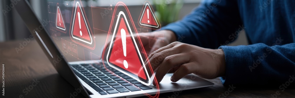 Poster a person types on a laptop with error warnings displayed.