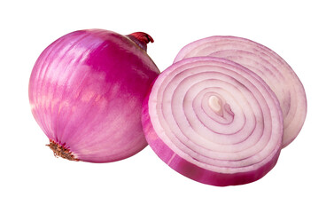 Single fresh peeled red or purple Spanish onion bulb with two onion slices in circles in stack isolated on white background with clipping path