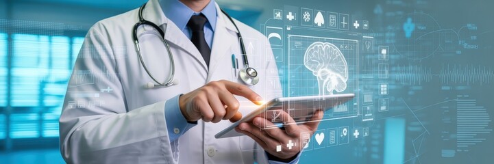 Doctor using a tablet with medical interface overlay.