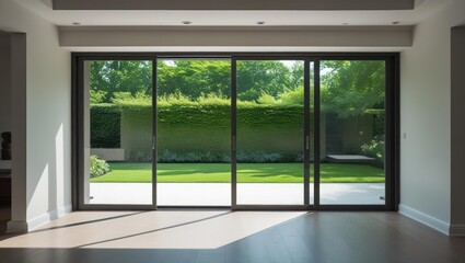 Fototapeta premium Wide glass doors open to a lush garden.