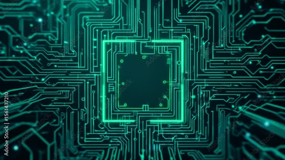 Poster futuristic circuit board animation with glowing green lines and electronic components