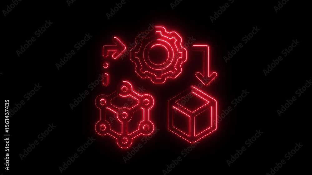 Poster red neon tech process animation loop abstract digital transformation concept gear arrow cube