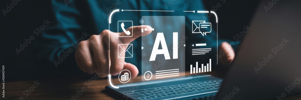 Poster person interacts with a holographic display of ai applications.