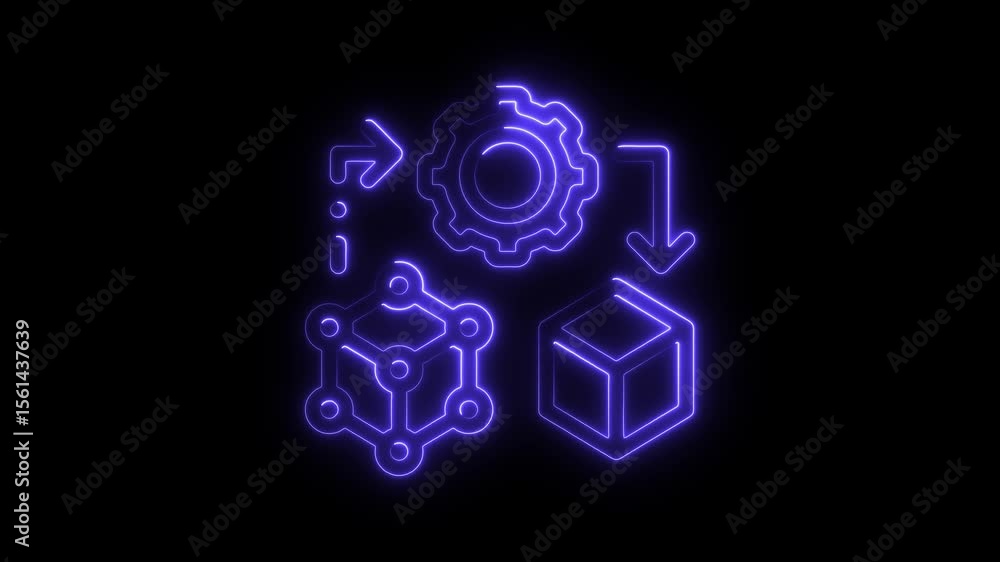 Poster futuristic neon process flow animation digital transformation concept gear arrow cube network