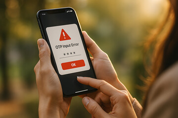 Young woman holding receiving digital error message for incorrect OTP entry, symbolizing secure login failure and mobile verification issues, OTP error, mobile verification, login failure, incorrect 

