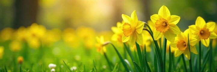Fototapeta premium A vibrant cluster of yellow daffodils blooming in a lush green springtime meadow, bathed in soft sunlight Perfect for spring themes, Easter, and nature imagery , meadow, nature, pollen