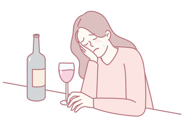 A melancholic illustration of a woman lost in thought, quietly reflecting alone with a glass of wine