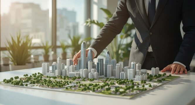 Architectural model city with a professional in a suit examining the design near a window.